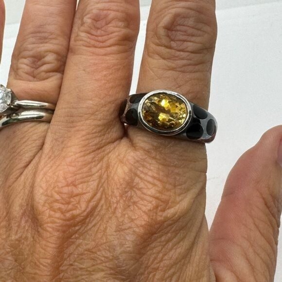 Sterling Silver Rio Grande Golden Citrine Oval w Black Quartz Ring size 9 .925 - Picture 8 of 8